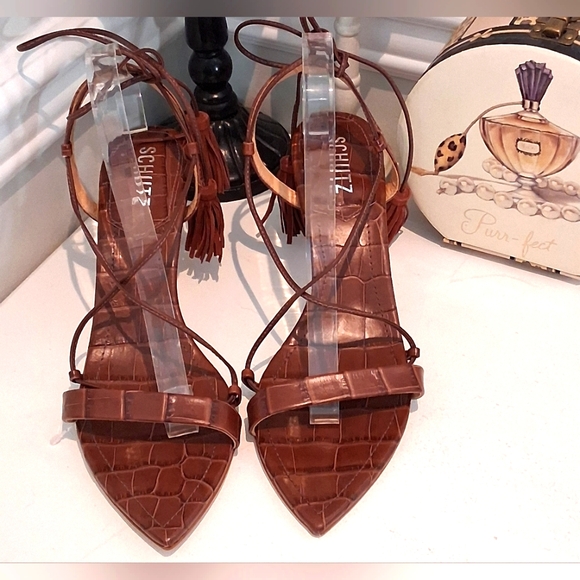 SCHUTZ Shoes - Schutz Brown Strappy Pointed Toe Heels Sz 10M NWOB